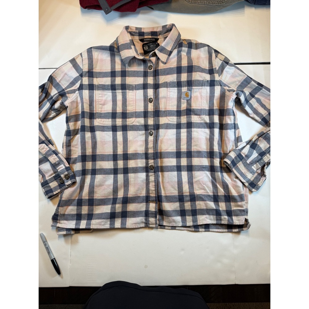 Carhartt Rugged Flex Flannel Shirt Mens XL Loose Fit Blue Pink Plaid Button Down